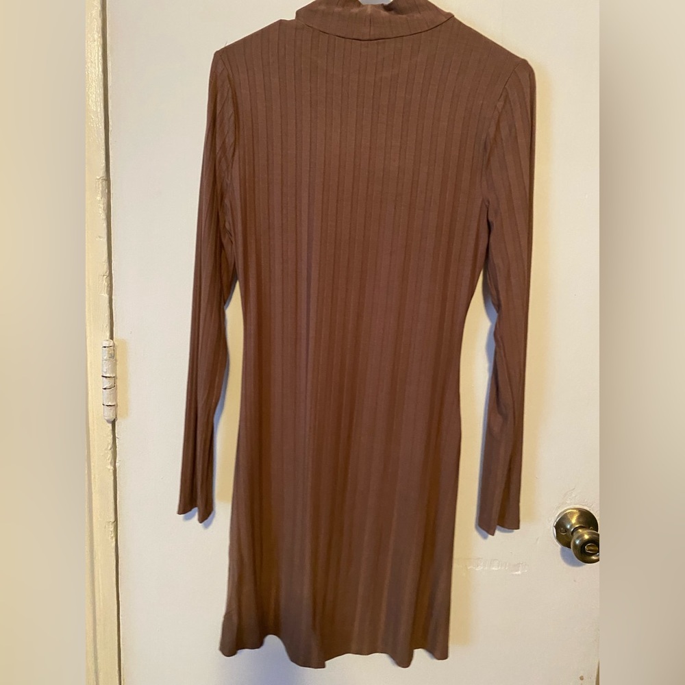 Beige/brown long sleeve fitted dress with high colar and flare on the bottom